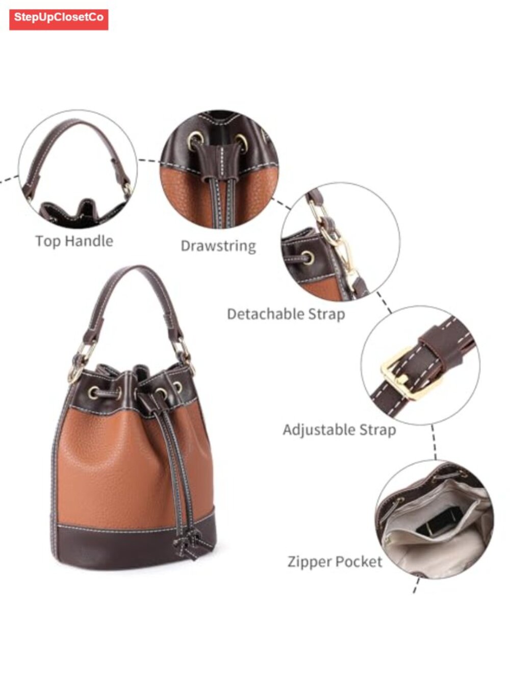 Small Vegan Leather Bucket Bag Drawstring Crossbody Purse With Top Handle Hobo - Picture 4 of 6